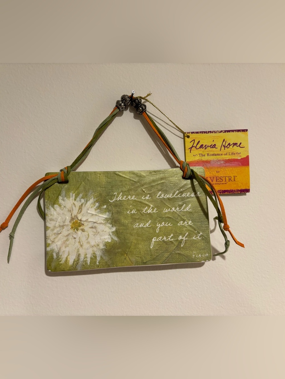 Silvestri White Plaque with Green and Orange Ribbon Hanger Approx 6x4